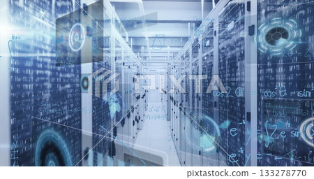 Streaming digital data through server corridor in data center, with server racks flashing LEDs Streaming digital data through server corridor in data center, with server racks flashing LEDs 133278770