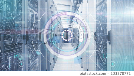 Showcasing data center aisle featuring tall server racks and cable trays, with holographic overlay Showcasing data center aisle featuring tall server racks and cable trays, with holographic overlay 133278771