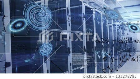 Displaying glass server racks reflecting LED lights in data center hallway, holographic overlays 133278783