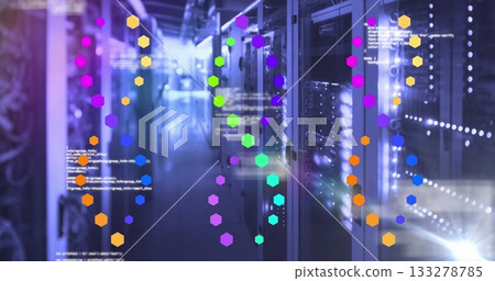Showing rack-mounted servers displaying LED lights in data center corridor, floating code fragments 133278785