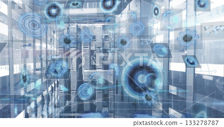 Processing main server rack projecting hologram overlays in data room, with LED lights and formulas Processing main server rack projecting hologram overlays in data room, with LED lights and formulas 133278787