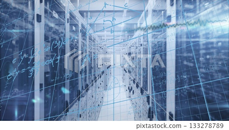 Highlighting central data center aisle, showcasing server racks and digital grid overlay 133278789
