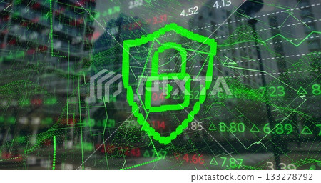 Displaying neon green shield showing padlock icon over financial district scene, with floating data Displaying neon green shield showing padlock icon over financial district scene, with floating data 133278792