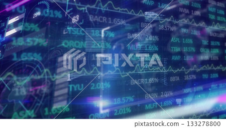 Scrolling ticker symbols, percentages and line charts on trading desk screen with neon accents Scrolling ticker symbols, percentages and line charts on trading desk screen with neon accents 133278800