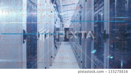 Aisle extending past server cabinets in data center with cable trays, LED indicators and equations 133278816