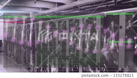 Displaying code overlay across server racks lining data center aisle, with glowing status lights 133278821