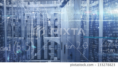 Glowing server racks emitting blue light in data center, with network cables and code overlays Glowing server racks emitting blue light in data center, with network cables and code overlays 133278823