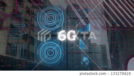 Showing white 6G logo in blurred office with HUD interfaces chart globe formulas and circuits Showing white 6G logo in blurred office with HUD interfaces chart globe formulas and circuits 133278828