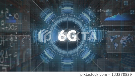 Animating 6G in digital environment showing HUD rings, radial bars, data panels, formulas and grid Animating 6G in digital environment showing HUD rings, radial bars, data panels, formulas and grid 133278829