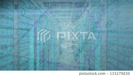 Showing server corridor with data overlays and blinking LED indicators in data center, with servers Showing server corridor with data overlays and blinking LED indicators in data center, with servers 133278830
