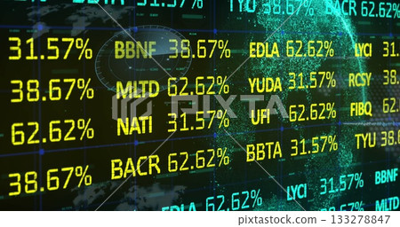 Dashboard displaying ticker codes and percentage values on grid in trading hub, with map and globe 133278847