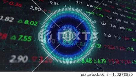 Showing concentric HUD rotating readouts on computer screen, with green, red triangles, waveforms Showing concentric HUD rotating readouts on computer screen, with green, red triangles, waveforms 133278850