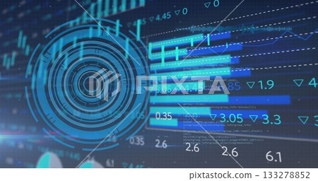 Displaying circular HUD interface graphic over grid backdrop, with bar charts and code overlays 133278852