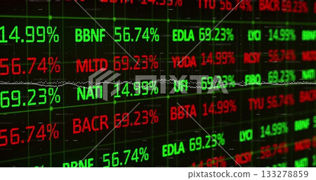 Displaying financial ticker showing live stock symbols at exchange, with percentages and line chart Displaying financial ticker showing live stock symbols at exchange, with percentages and line chart 133278859