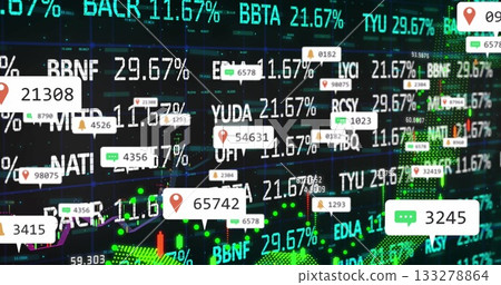 Displaying trading dashboard showing market data on monitor, with ticker symbols and graph overlays 133278864