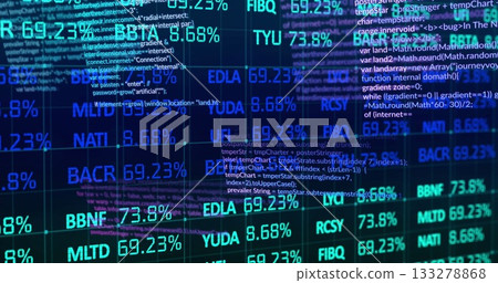 Displaying screen showing financial ticker symbols and JavaScript code in office, with grid lines Displaying screen showing financial ticker symbols and JavaScript code in office, with grid lines 133278868