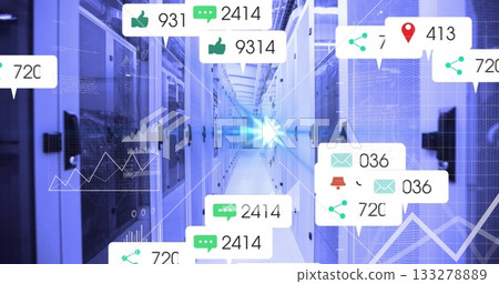 Showing central aisle between racks in data center corridor with floating social icons and graphs Showing central aisle between racks in data center corridor with floating social icons and graphs 133278889