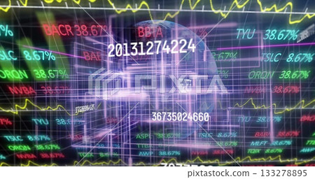 Pulsing purple 3D grid tunnel streaming inside virtual data interface with floating ticker symbols Pulsing purple 3D grid tunnel streaming inside virtual data interface with floating ticker symbols 133278895