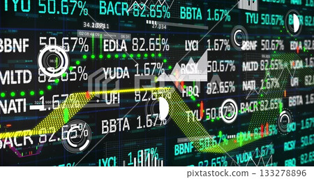 Displaying 3D ribbon line graph arrow across trading dashboard, with ticker symbols Displaying 3D ribbon line graph arrow across trading dashboard, with ticker symbols 133278896