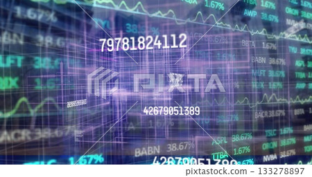 Streaming data at trading hub showing floating numbers, stock tickers, chart curves and 3D grid Streaming data at trading hub showing floating numbers, stock tickers, chart curves and 3D grid 133278897