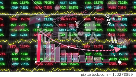 Stock dashboard displaying data on trading screen, with tickers, charts, arrow and virus icons Stock dashboard displaying data on trading screen, with tickers, charts, arrow and virus icons 133278899