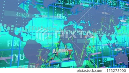 Displaying world map overlaying trading screen, with line charts candlesticks and numeric tickers Displaying world map overlaying trading screen, with line charts candlesticks and numeric tickers 133278900