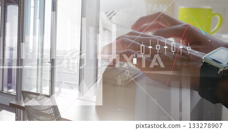 Typing hands at slim keyboard wearing smartwatch beside green mug in high-rise office, with charts Typing hands at slim keyboard wearing smartwatch beside green mug in high-rise office, with charts 133278907