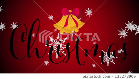 Glowing black Christmas script shining on red gradient backdrop, with golden bells and snowflakes 133278909