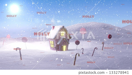 Showing snowy cottage glowing in field, with candy canes, swirl lollipops and HOLLY watermark Showing snowy cottage glowing in field, with candy canes, swirl lollipops and HOLLY watermark 133278941