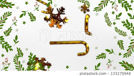 Gleaming gold candy cane stretching across white border, with snowflakes, sprigs, berries, stars 133278948