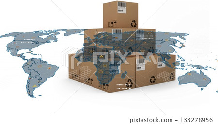 Graphic showing boxes piling up on white backdrop, with barcodes, world map overlay, handling icons Graphic showing boxes piling up on white backdrop, with barcodes, world map overlay, handling icons 133278956