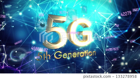 Displaying gold 5G featuring 5th Generation subtitle in digital network with nodes and data floats Displaying gold 5G featuring 5th Generation subtitle in digital network with nodes and data floats 133278958