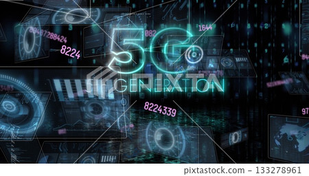 Shining neon 5G GENERATION text floating in dark virtual grid, with data screens streaming numbers 133278961