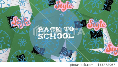 Central BACK TO SCHOOL graphic floating on collage, with paper fragments, book icons, pink text 133278967