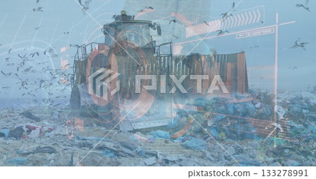 Pushing compactor bulldozer compressing waste at open landfill, with seagulls and digital overlay Pushing compactor bulldozer compressing waste at open landfill, with seagulls and digital overlay 133278991