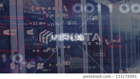VIRUS text floating over server racks in data center, with circuit overlay, binary code and icons 133278993