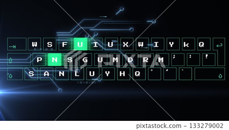 Floating holographic keyboard layout glowing against dark virtual interface, with neon U and N keys Floating holographic keyboard layout glowing against dark virtual interface, with neon U and N keys 133279002