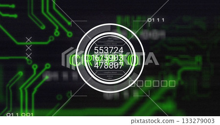 Presenting central circular data interface at HUD, with numeric datasets, circuit and binary code Presenting central circular data interface at HUD, with numeric datasets, circuit and binary code 133279003