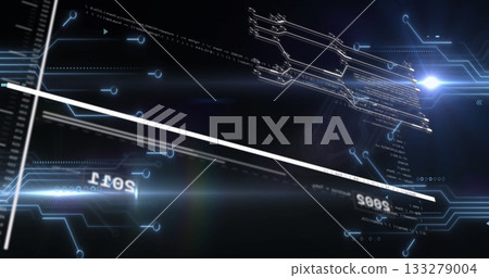 Displaying white diagonal beam flowing across interface, with bright light flare, alphanumeric code 133279004