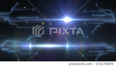 Emitting lens flare, light beam crossing digital interface, with neon-blue circuit lines and nodes 133279009