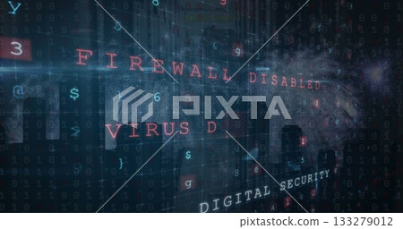 Displaying red 'FIREWALL DISABLED' warning in network grid, with floating code behind city skyline Displaying red 'FIREWALL DISABLED' warning in network grid, with floating code behind city skyline 133279012