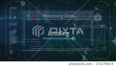 Displaying window labeled Processing Data with loading progress bar on data dashboard, data visuals 133279014