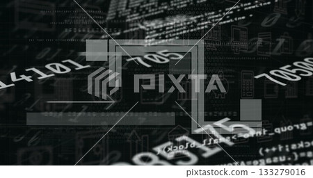 Showing angular flow line overlaying dashboard with binary digits, code fragments, panels and icons 133279016