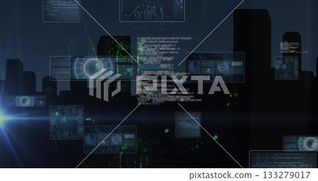 Floating HUD displaying translucent code and green symbols over night skyline with blue lens flare Floating HUD displaying translucent code and green symbols over night skyline with blue lens flare 133279017