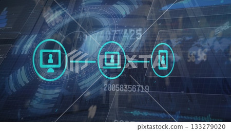 Three teal icons showing users on devices floating in grid, with connecting lines and HUD rings Three teal icons showing users on devices floating in grid, with connecting lines and HUD rings 133279020