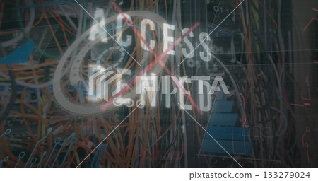 Displaying server rack showing ACCESS DENIED overlay with red X and Ethernet cables in data center 133279024