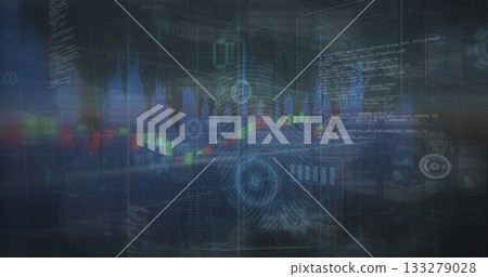 Displaying data on holographic dashboard, with candlestick chart fingerprint scan and code windows 133279028