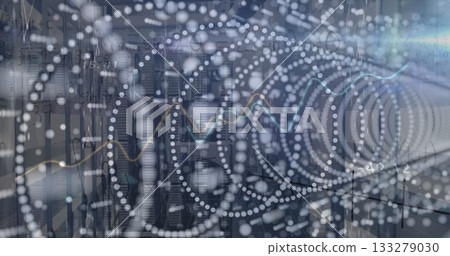 Overlaying data visualization on racks in server room, with network cables, LEDs and cooling vents Overlaying data visualization on racks in server room, with network cables, LEDs and cooling vents 133279030