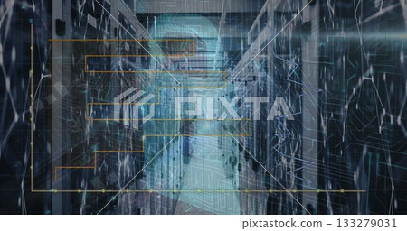 Displaying central data center aisle featuring holographic network overlay, with server racks Displaying central data center aisle featuring holographic network overlay, with server racks 133279031