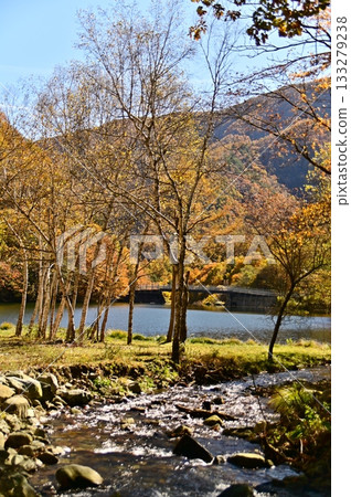A stream flowing into Ryugasawa Dam Lake and the dam lake in autumn 133279238